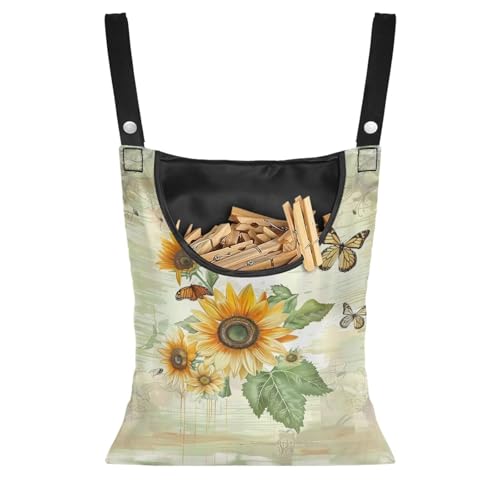 CREAMIC Borsa per mollette da bucato con girasoli e farfalle, per stendibiancheria, per esterni, con gancio per appendere le mollette da bucato, impermeabile, per esterni