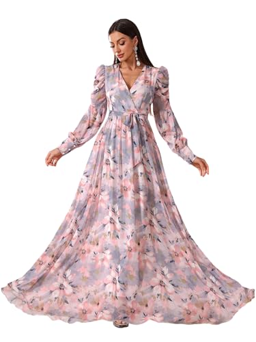 Image of TOLEEN Summer Casual Dresses for Women 2024 Spring Fashion Boho V Neck Long Sleeve Ruffle Floral Print Elegant Maxi Dress