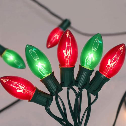 Guirlande lumineuse de Noël vintage C9 de 7,6 m avec 27 ampoules rouges et vertes transparentes (2 de rechange), lumières de Noël extérieures à suspendre...