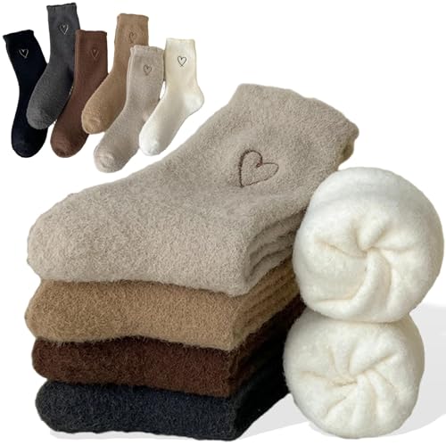 KASTWAVE 6 Pairs Womens Fuzzy Socks - Bow & Heart-Shaped Designs Soft Thick Fluffy Slipper Socks Cozy Thermal Winter Socks for Home Spa & Sleeping