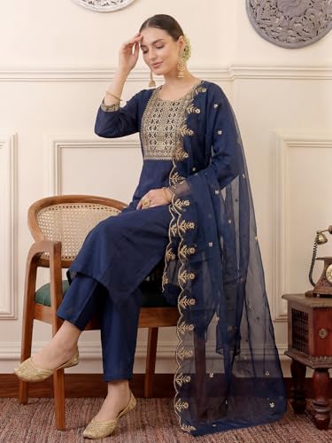 Image of INDO ERA Women's Silk Blend Floral Embroidered Thread Work Straight Kurta & Pant with Dupatta Set | Kurti Set