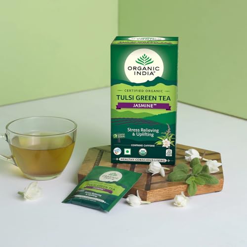 Image of A TATA Product - Organic India Tulsi Green Tea Jasmine - 25 Tea Bags, Certified Organic, Stress Relief, Mood Uplifting, Antioxidant Power, Soothing Jasmine Blend (Pack of 3)