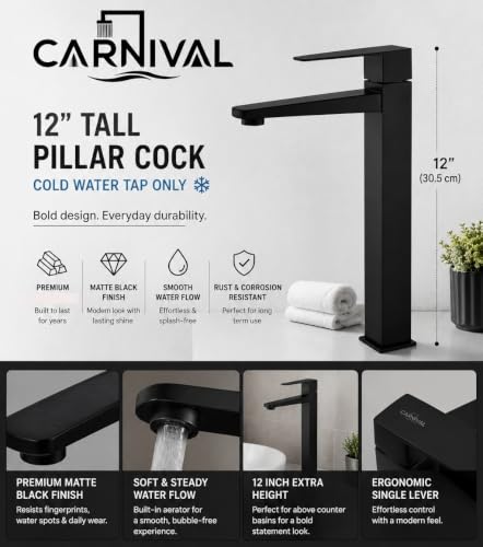 Image of Carnival SS-304 12 inch Inch Matte Black Pillar Cock Tap for Wash Basin | Square Tall Cold Water Basin Tap | SS304 Stainless Steel | Table Mount /Deck Mount Installation | Black Matte Finish