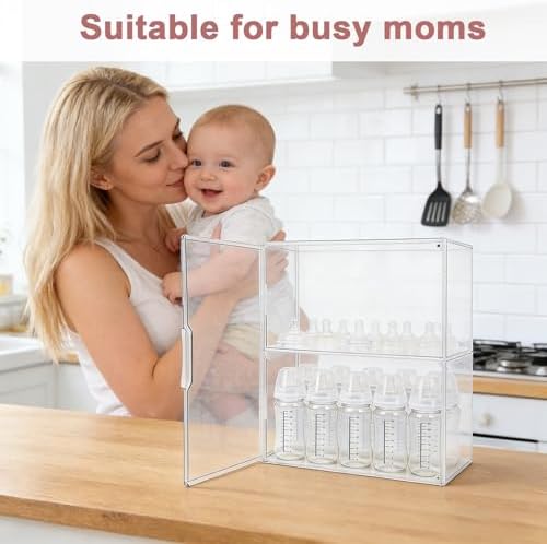 Baby Bottle Organizer, 3-Tier Clear Acrylic Storage Box with 2 Removable Dividers & Magnetic Door Large Capacity Bottle Drying Rack & Feeding Accessories Holder for Countertop Cabinet — view 3