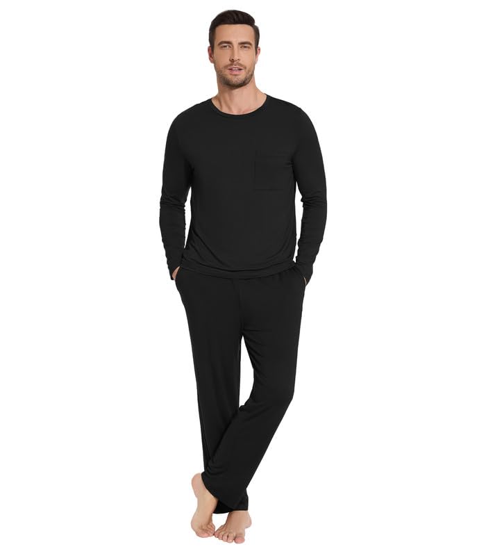 WiWi Voscose from Bamboo Men's Pajamas Set Lounge Sets Lightweight Sleepwear Long Sleeve Sleep Shirt and Long Pants S-XXL, Black, Medium