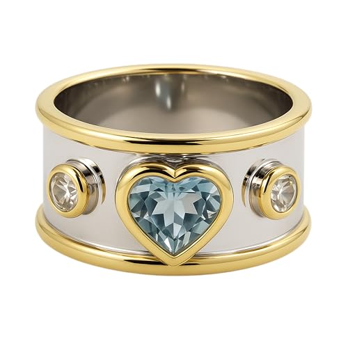 Bague large en argent sterling et plaqué or avec topaze bleue cœur et zircons - Bijou élégant pour femme (US Size 9 / Diameter 19 / EU 59)
