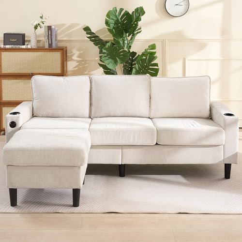 Merax Ecksofa 3-Sitzer Sofa mit Polsterhocker, Gepolstertes Sofa mit USB & Typ-C, 2 Getränkehaltern, L-förmiges Schlafsofa, Polstermöbel für Wohnzimmer, Wohnung, Lounge und Schlafzimmer, Beige