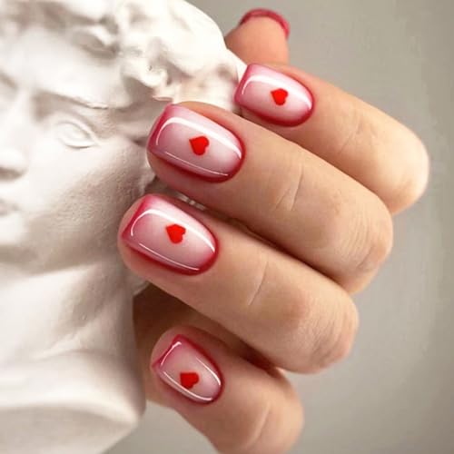 24 uñas postizas cortas cuadradas a presión con punta francesa, diseño de corazón, para el día de San Valentín, para mujer
