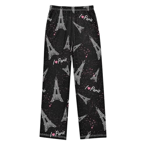 I Love Paris Eiffel Tower Boys Long Pants Soft Trousers Elastic Waist Kids Lounge Bottoms with Pockets S-XL