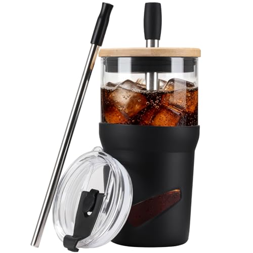 Glass Tumbler with Lids and Straws, 20 oz Iced Coffee Cup and Smoothie Cup with Bamboo Lid and On the go Lid,Glass Cups With Straws