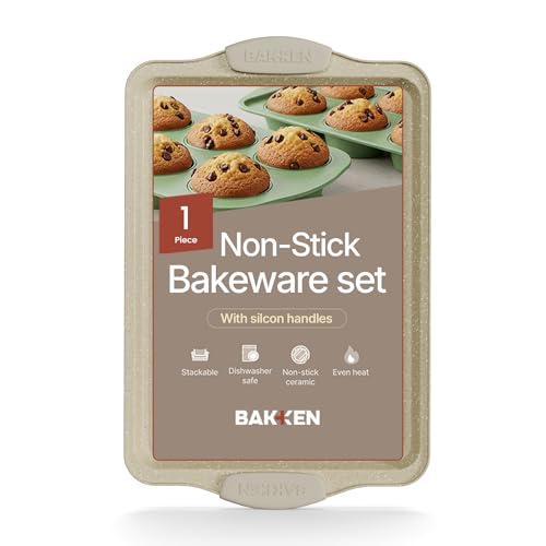 BAKKEN Kitchen Baking Pans - 15.15 x 10.03 Medium Nonstick Sheet, Durable Carbon Steel Cookie Sheet with White Silicone Handles, PFOA, PFOS, PTFE Free, Oven Safe Tray (Up to 450°F), Set of 1