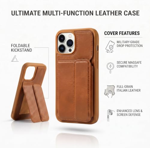 Image of amazon basics Luxury Vegan Leather Back Cover for iPhone 15 Pro | Built-in Card Holder Slot | Integrated Mobile Stand | Slim Shockproof Protective Case with Stitched Finish - Tan