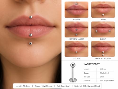 Image of Monster Piercing G23 Titanium Labret Stud, Internally Threaded, Plain Ball Top, Flat Back, 16G, 6mm /8mm /10mm - Sold as single piece