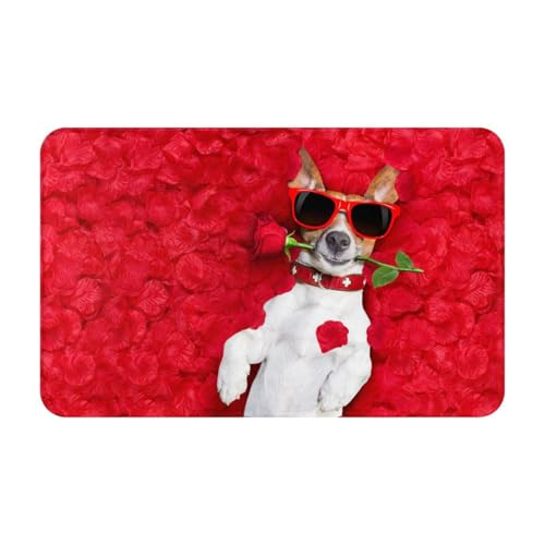 滑り止め、洗濯可能、吸水性と耐久性に フロアマット。屋内外での使用に最適。家庭、オフィス、商業スペースに最適。(ジャックラッセル犬の赤いバラの花びらとバレンタインデーの愛)