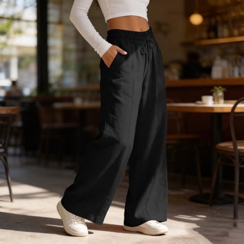 Rseomihvy Women's Cotton Linen Pants Summer Straight Wide Leg Trousers Drawstring Elastic Waist Loose Beach Vacation Outfits Black — view 2