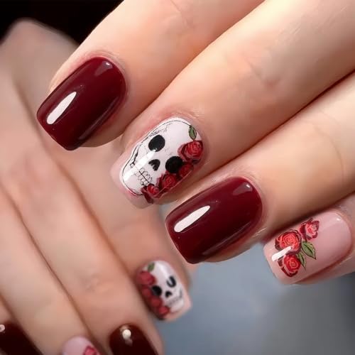 CurvLife Short Square Halloween Press On Nails, Gothic White Red, Soft Gel