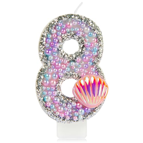 Velas con forma de cola de sirena para el 8º cumpleaños, con número 8 con lentejuelas rosas y concha, velas para pastel con perlas rosas y violetas, para niñas, decoraciones para fiestas de cumpleaños