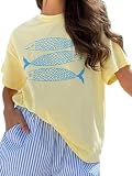 Y2k Womens Fish Sardine Graphic Oversized Tee Shirt Seashell T Shirt Cute 90s Teen Baggy Ocean Sardines Shirts (Sardine Yellow, L)