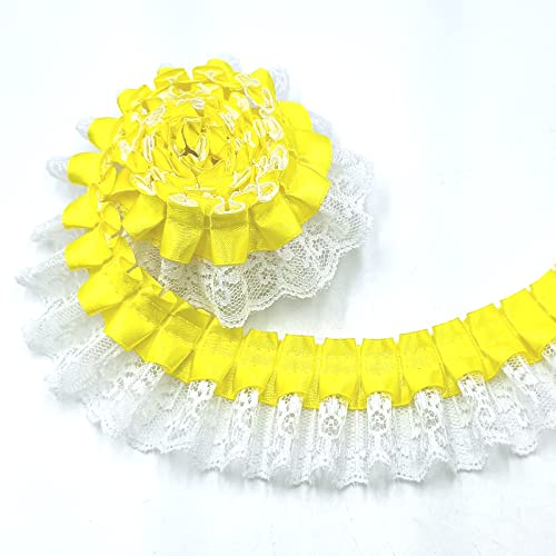 Yoogcorett 2 Yards Yellow Lace Pleated Chiffon Lace Trims White Vintage Lace Ribbons For Bridal Wedding Decorations Sewing Supplies Diy Craft Handmade Costume Decoration - 1.8"Inch #TOP2