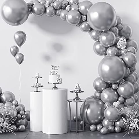 Silver Balloons, 86pcs Different Sizes 18/12/10/5 Inch Chrome Metallic Silver Balloon Garland Arch kit for Wedding Valentines Baby Shower Birthday Halloween Christmas Party Decorations Cover