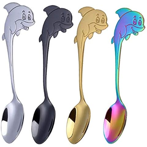 4 Pcs Coffee Spoon Stainless Steel Hanging Coffee Teaspoon Mini Dolphin Design Mixing Spoon Dessert Spoon Afternoon Teaspoon for Water Tea Milk Coffee Dessert Drink Milkshake Cover