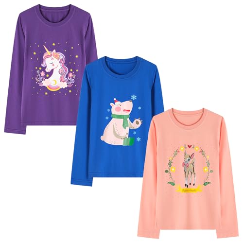 HILEELANG Young Girl Long Sleeve Shirts Cotton Casual Graphic Fashion T-Shirts 3 Packs2
