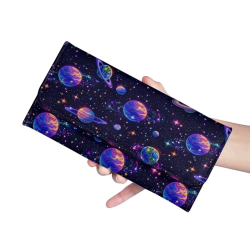 Image of AFPANQZ Planet Print Leather Wallets for Women RFID Blocking Checkbook Wallet with Cit Card Slots Phone Holder Zip Pocket, Buckle Closure, Ladies Purse