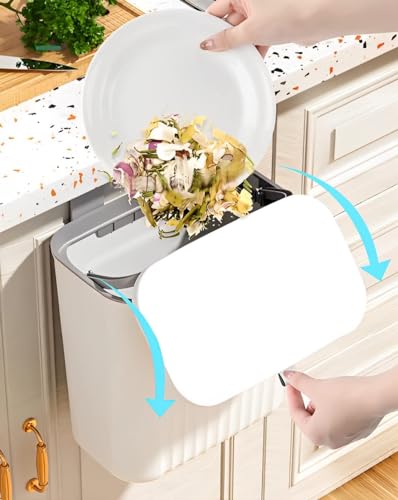 Image of Plastic Hanging Trash Can With Lid, Double-Sided Open Design, Cabinet Door Hanging Wall Storage Bucket for Kitchen (9 Litre White)
