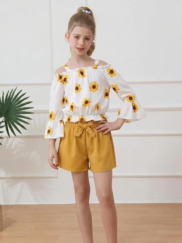 Image of Weebaby Girls Clothes 2 Piece Outfits Cute Kid Clothes Crop Top Paperbag Waist Shorts Set Summer Clothes for Tween Girls
