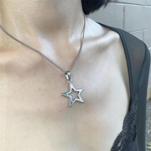 Dainty Hollow Star Simple Choker Necklace for Women Delicate Stainless Steel Silver Plated Y2K Minimalist Star Pendant Necklaces Adjustable Chain Christmas Party Trendy Jewelry Gift 18"3