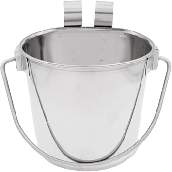 INDIPETS Heavy Duty Flat Sided Pail with Two Hooks Pet Water and Food Bowl | 1 Quart, Stainless Steel PN AW800106