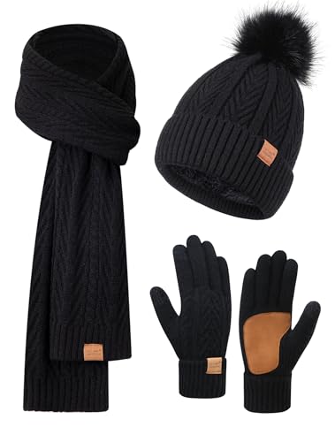 Womens Winter Beanie Hat Scarf Gloves Set Long Warm Men Fleece Lined Hat Pom Pom Touchscreen Gloves Cold Weather Gift