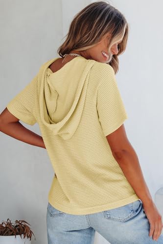 Image of Dokotoo Womens Summer Tops Waffle Knit Short Sleeve Lightweight Drawstring Hoodies Button V Neck Casual Blouses Shirts