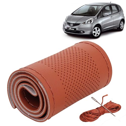 Image of KINGSWAY PU Leatherite Car Steering Cover Sewable Compatible with Honda Jazz (Year 2009-2014), Tan Color with Tan Thread, Pack of 1 with Sewing Needle and Thread