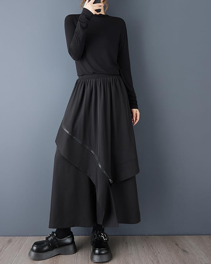 ellazhu Women's Skirt Pants Loose Wide Leg Patchwork Design Irregular GZ774 A - Image 5