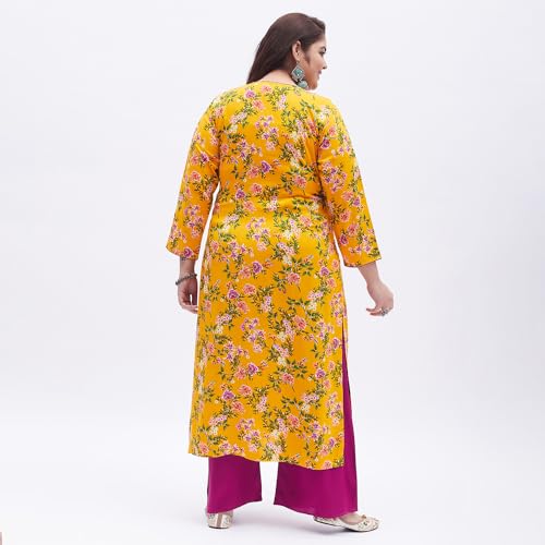 Image of Tissu Women's Plus Size Yellow & Pink Printed Kurta with Palazzo