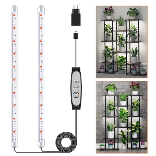 2 Barras de Luz para Cultivo de Plantas, Lámpara de Luz Solar de Espectro Completo con Temporizador 6/12/18H, 5 Niveles Regulables para Suculentas, Estante para Plantas, Bajo Armario