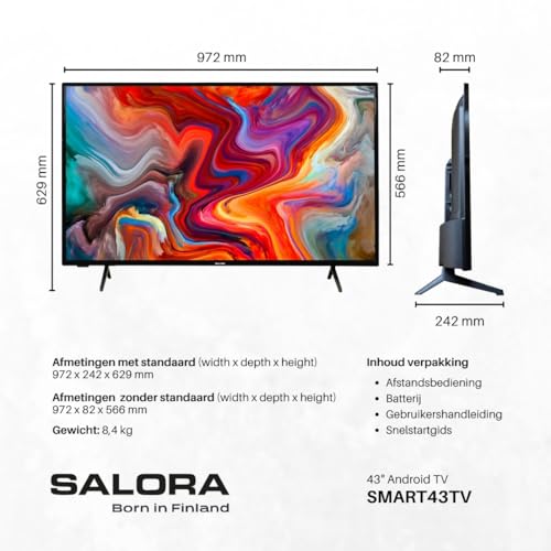 Salora SMART43TV | 43 inch Full HD Smart TV | Android 11 met ingebouwde Chromecast en Wi-Fi | HDR10+, HLG | 3x HDMI, USB Recording, Bluetooth | Geschikt voor tv standaard | Energieklasse E - Afbeelding 4