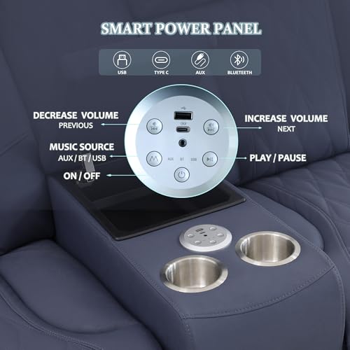 Image of Power Recliner Sectional Sofa, L-Shaped Living Room Furniture, 5 Seaters Reclining Sectional Couch with Storage Console /Cup Holder, Navy Leather Furniture for Living Room /House /Apartment