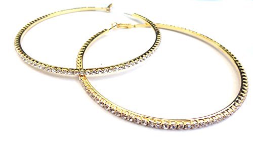 Crystal Rhinestone Hoop Earrings Gold Tone Large 3.75 inch Hoop