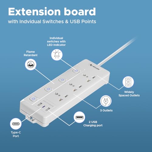 Image of Lapcare Smart Surge Protector with Individual Switch, 250 Volts Extension Board, 3AC Socket 2500W, PD 20w & 2xUSB, 1.5M Copper Cord, Overload Protection, Safety Shutter, Durable PP Body