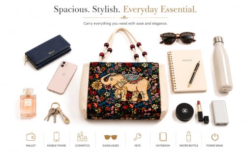 Image of Elephant Print Canvas Tote Bag for Women, Ethnic Shoulder Handbag with Multicolor Elephant Design, Dual Handle Everyday Carry Bag for Shopping, Office, College, Travel & Daily Use