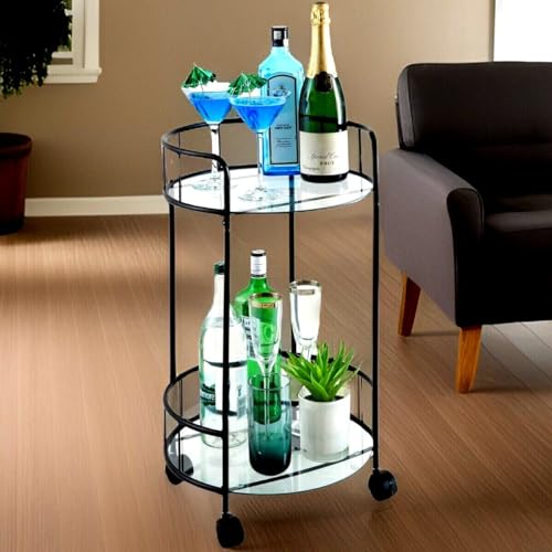 Dylex Black Drinks Trolley With Glass Shelves Mini Bar Cocktail Table Drink Table