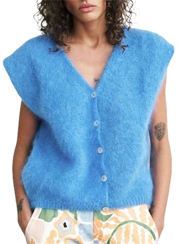 Women Y2K Knit Sweater Vest Cap Sleeve V Neck Elegant Furry Sleeveless Button Tank Top Knit Cardigan Vest Shirt (A-Blue, L)