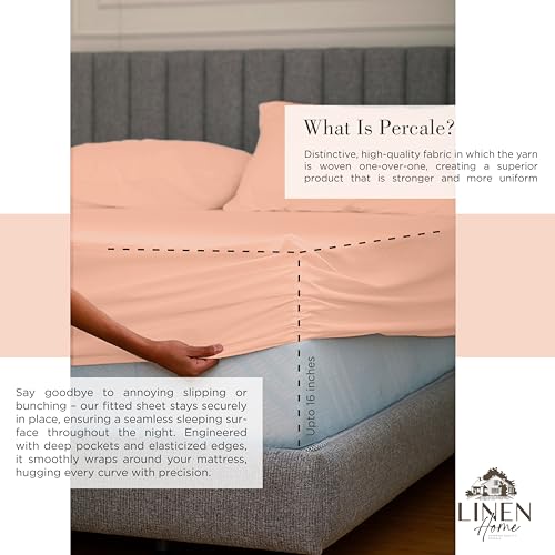 Image of Linen Home 100% Cotton Percale Sheets Twin Size,Tropical Peach, Deep Pocket, 3 Pieces Set - 1 Flat, 1 Deep Pocket Fitted Sheet and 1 Pillowcase, Crisp Cool and Strong Bed Linen