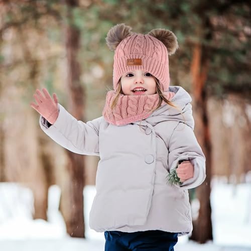 Chstarina 3 Stück Mütze Schal Handschuhe Set Kinder,Beanie Hut Handschuhe Runder Schal Set mit Fleece Gefüttert,Warme Winter Strickset Mütze Schal und Handschuhe für Jungen,Mädchen 1-6 Jahre (Schwarz)