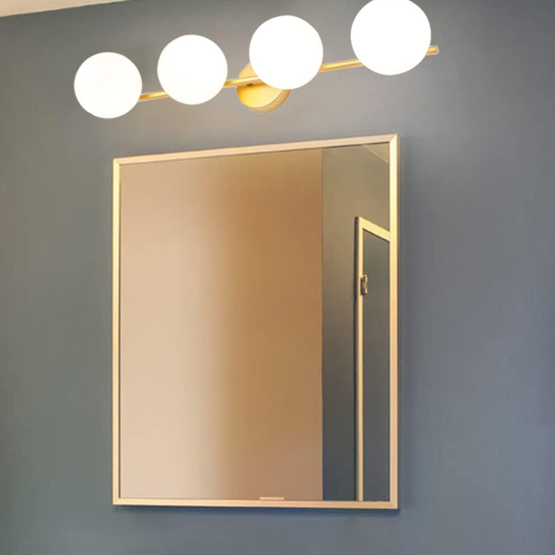 Lighting Bathroom Vanity Light Fixture Mid Century Modern Wall Sconce Light with Glass Globes Shade 4-Light Industrial Vintage Gold Wall Mount Lights for Over Mirror Bedroom Hallway (4-Lights)
