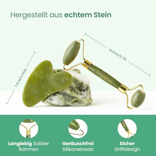 PLANTIFIQUE Jade Gesichtsroller und Gua Sha Stein Set - Natürliches Jade Face Roller & Guasha für Lymphdrainage und Massage Gesicht, Augenroller - Gesichtsmassage Roller 5