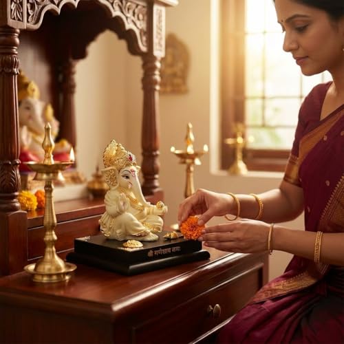 Image of Ganesha Idol for Home Decor | 4 Inch Golden Ganpati Murti with Stone Work | Resin Ganesh Ji Idol for Car Dashboard, Office Desk & Pooja Room | Vastu Decorative Statue (190g)