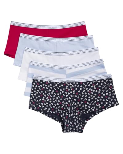 Tommy Hilfiger Women's Classic Cotton Logoband Boyshort 5-Pack, Mini Anchors Print/Tango Red/Bright White/Sweet Blue/Sweet Blue Stripe, X-Large